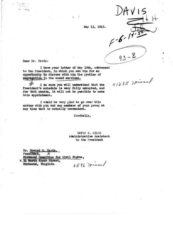 Correspondence between Howard Davis, Matthew Connelly, David Niles, and Harry S. Truman
