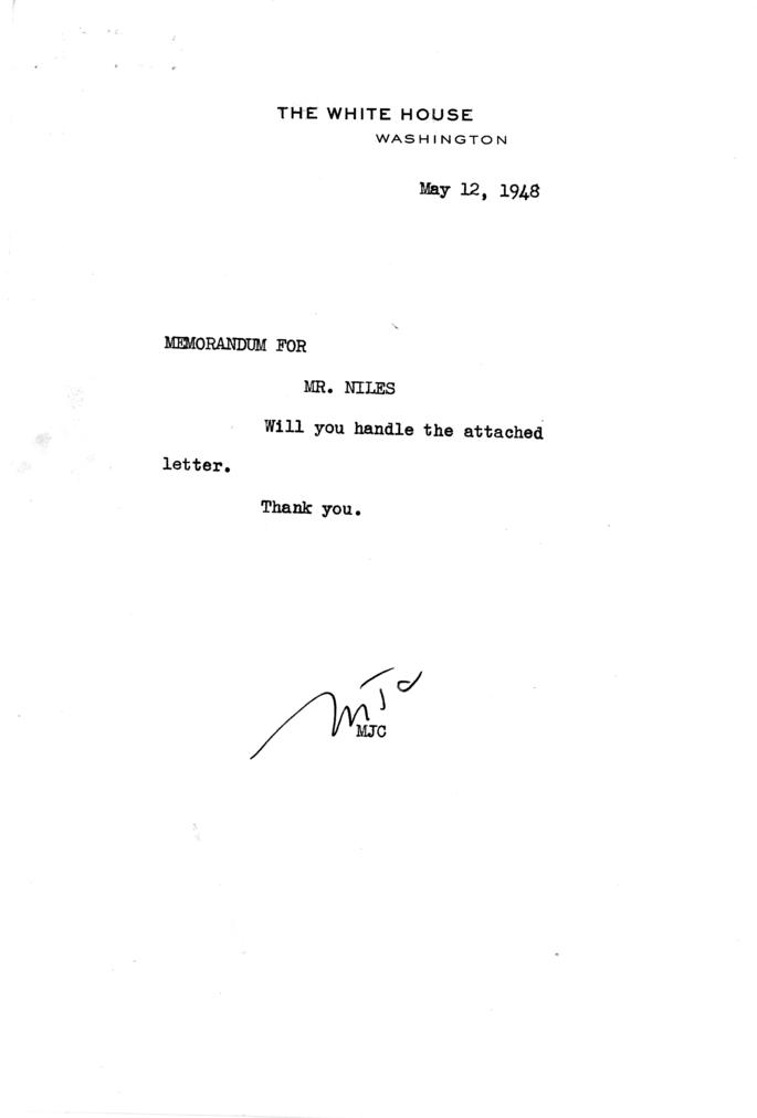 Correspondence between Howard Davis, Matthew Connelly, David Niles, and Harry S. Truman