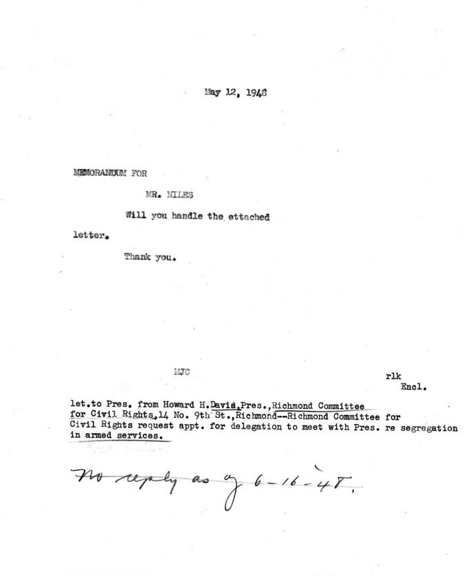 Correspondence between Howard Davis, Matthew Connelly, David Niles, and Harry S. Truman
