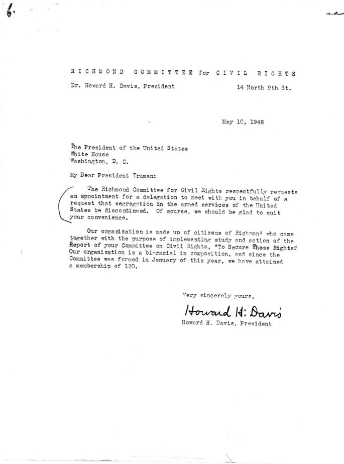 Correspondence between Howard Davis, Matthew Connelly, David Niles, and Harry S. Truman