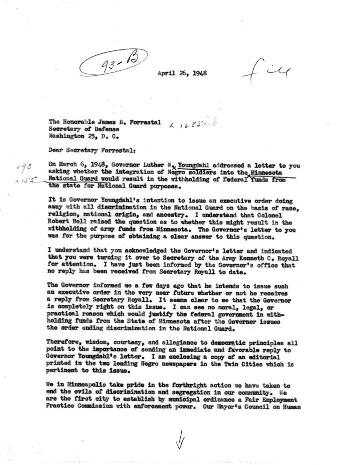 Hubert Humphrey to James Forrestal