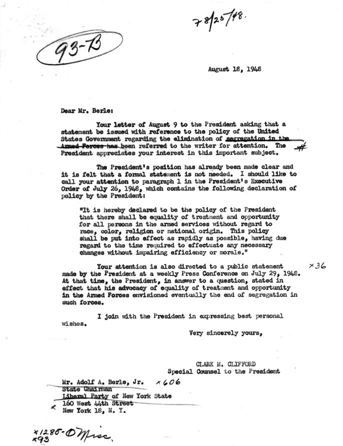 Adolf Berle, Jr. to Harry S. Truman, with reply by Clark Clifford