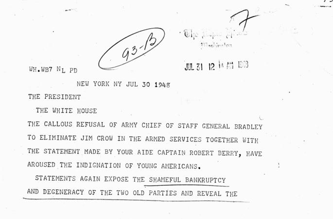 Telegram, Alvin Jones et. al to Harry S. Truman