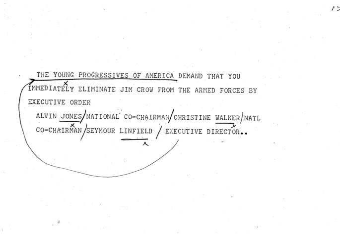 Telegram, Alvin Jones et. al to Harry S. Truman