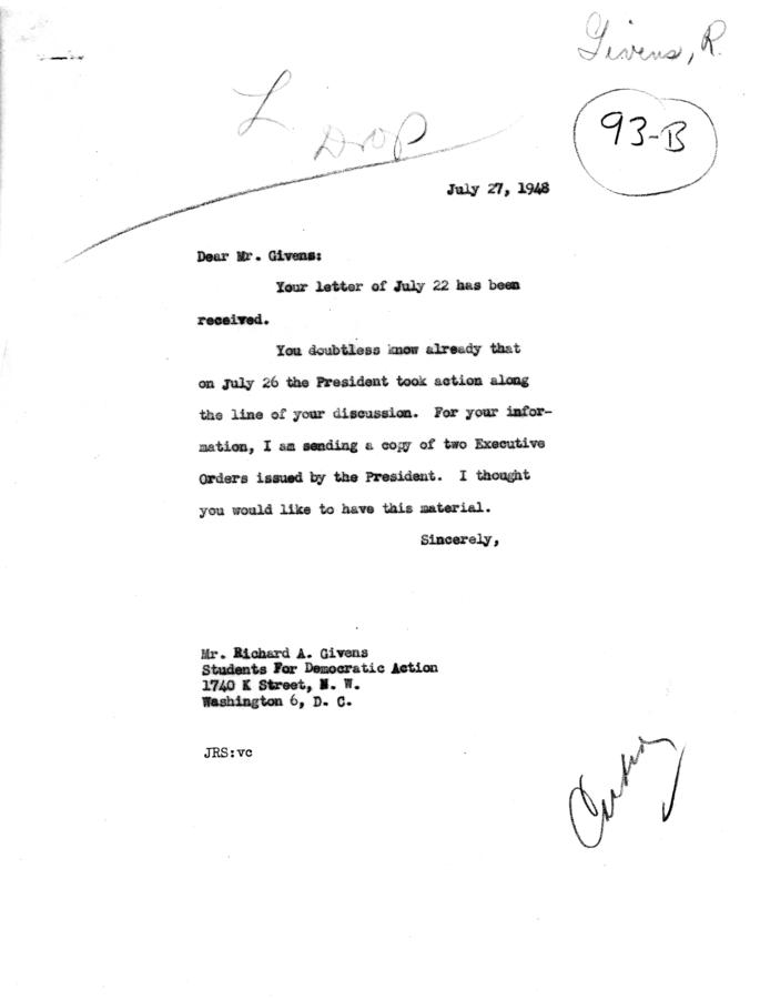Correspondence between Richard Givens and John R. Steelman