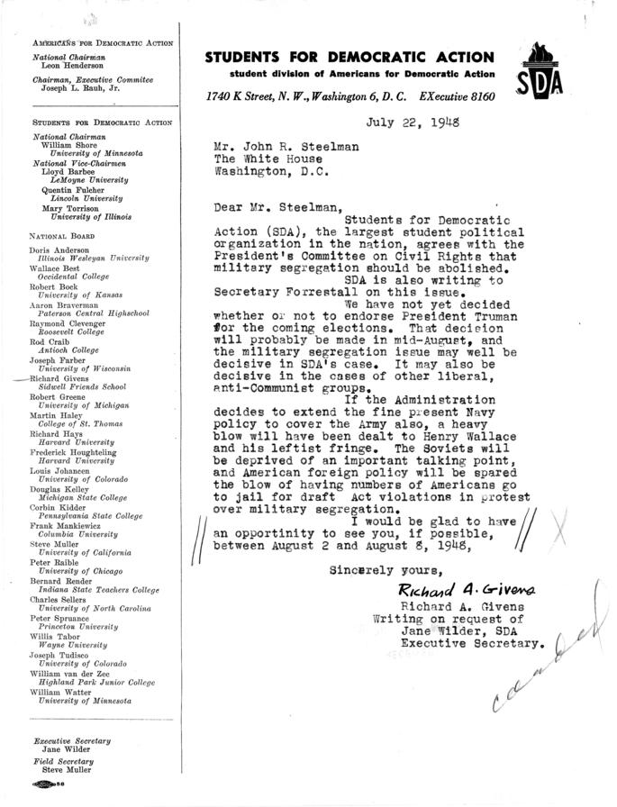 Correspondence between Richard Givens and John R. Steelman