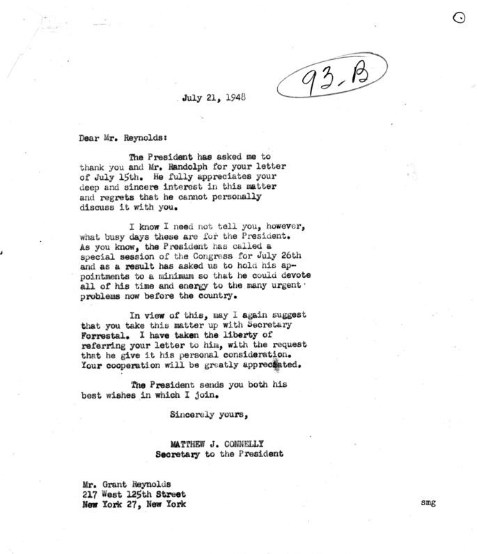 Matthew Connelly to Grant Reynolds, July 21, 1948, with attached memos