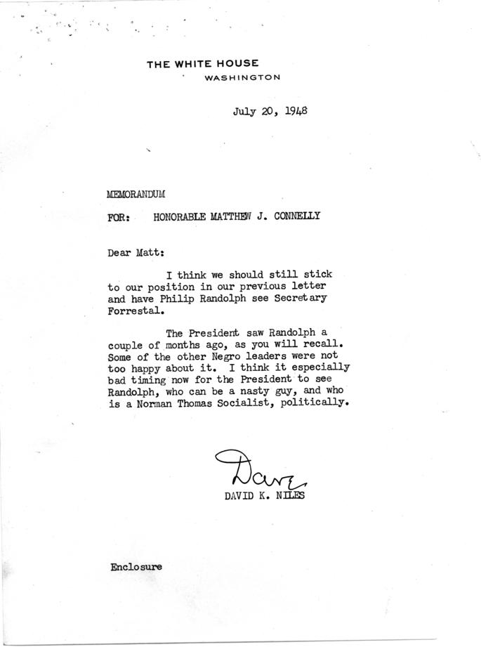 Matthew Connelly to Grant Reynolds, July 21, 1948, with attached memos