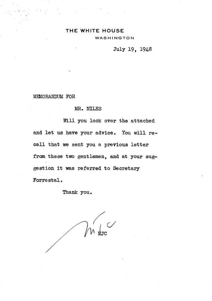 Matthew Connelly to Grant Reynolds, July 21, 1948, with attached memos