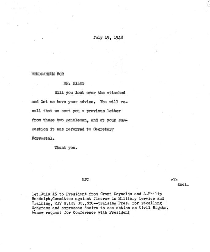 Matthew Connelly to Grant Reynolds, July 21, 1948, with attached memos