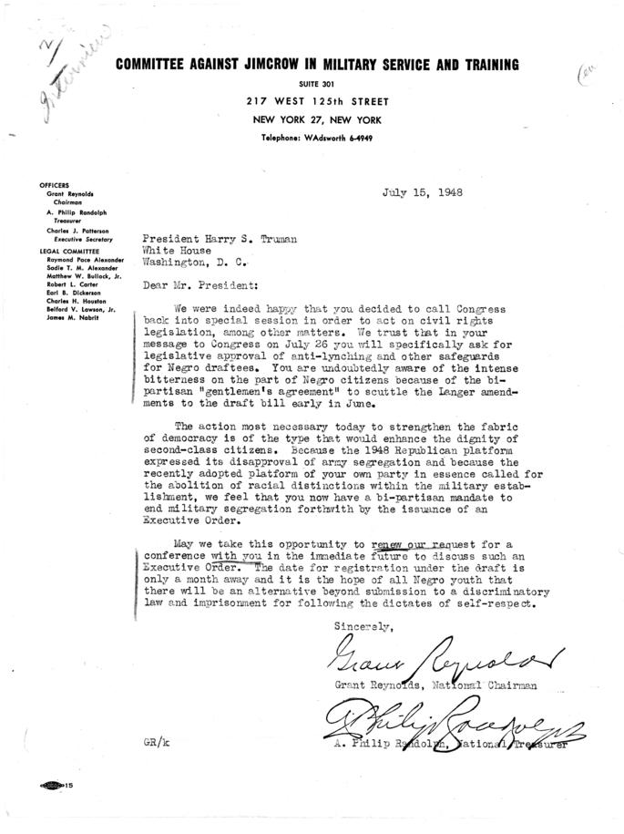 Matthew Connelly to Grant Reynolds, July 21, 1948, with attached memos