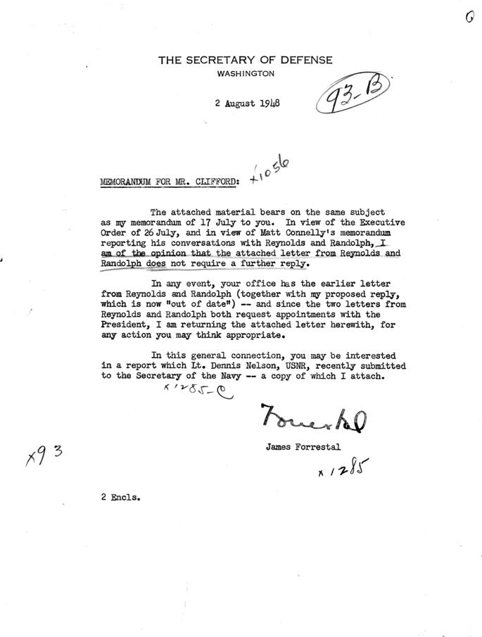 Matthew Connelly to Grant Reynolds, July 21, 1948, with attached memos