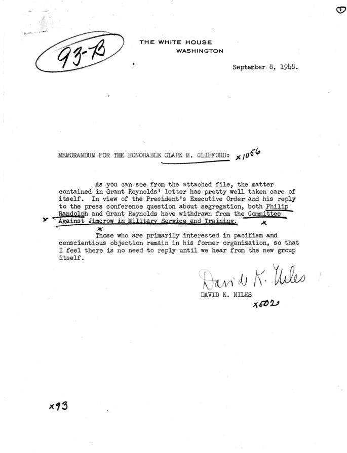 Matthew Connelly to Grant Reynolds, July 21, 1948, with attached memos