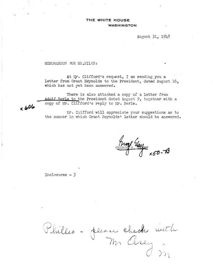 Matthew Connelly to Grant Reynolds, July 21, 1948, with attached memos