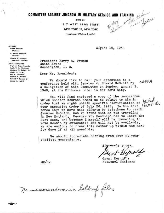 Matthew Connelly to Grant Reynolds, July 21, 1948, with attached memos