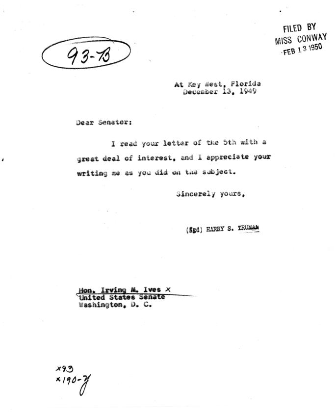 Correspondence between Irving Ives and Harry S. Truman
