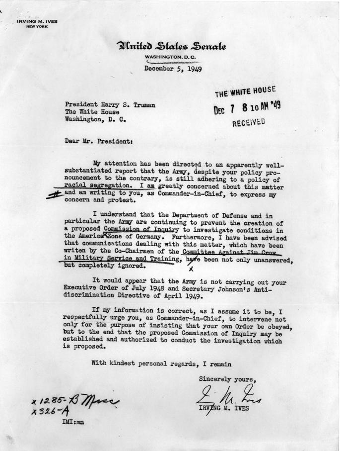 Correspondence between Irving Ives and Harry S. Truman