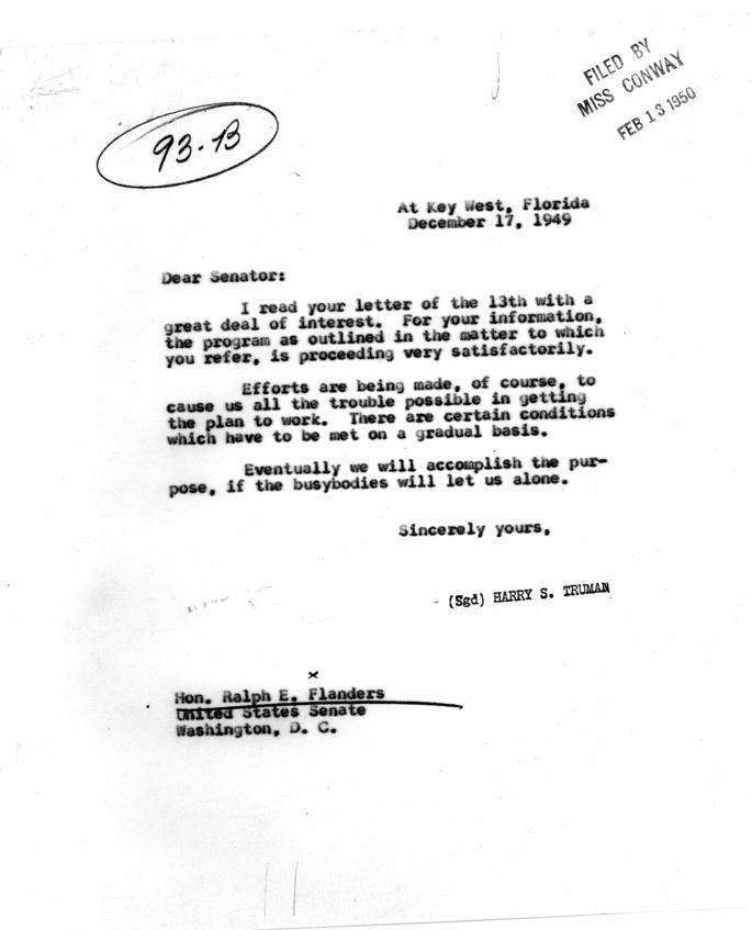 Correspondence between Ralph Flanders and Harry S. Truman