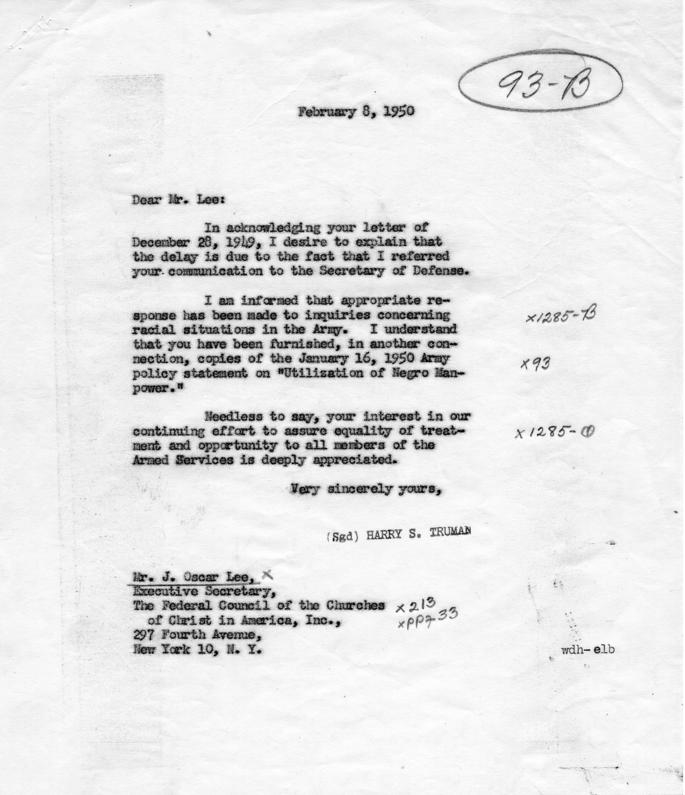 Correspondence between J. Oscar Lee and Harry S. Truman