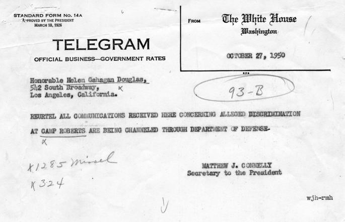 Telegrams between Helen Gahagan Douglas and Matthew Connelly