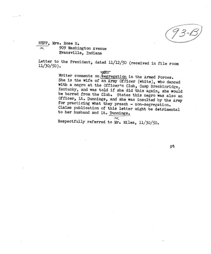 Rose H. Hepp to Harry S. Truman, with attached memo