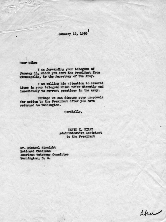 Telegram, Michael Straight to Harry S. Truman, with attachments