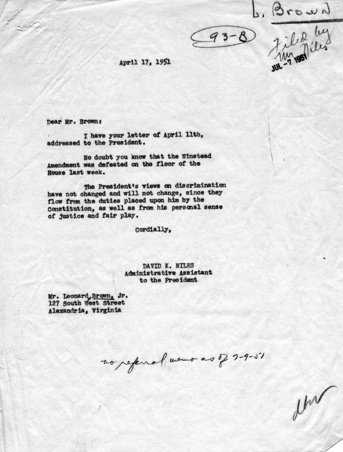 Leonard Brown to Harry S. Truman, with reply by David Niles