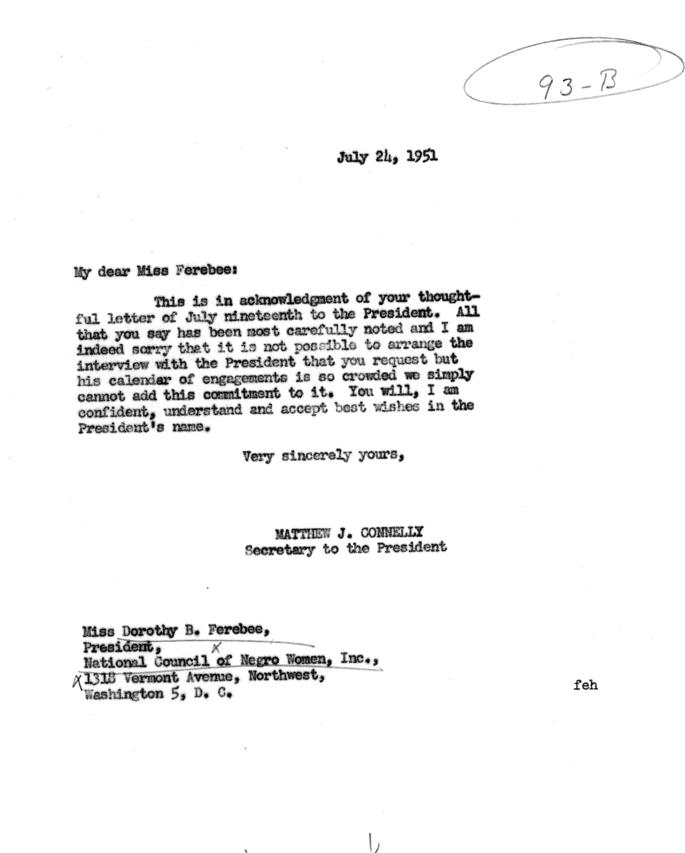 Dorothy B. Ferebee to Harry S. Truman, with reply by Matthew Connelly