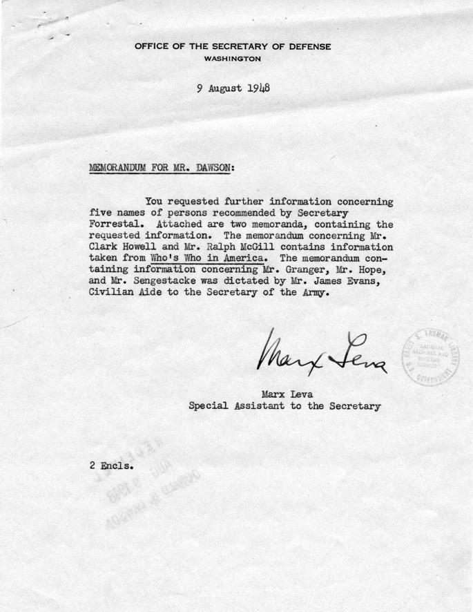 James Forrestal to Harry S. Truman, with attached memos