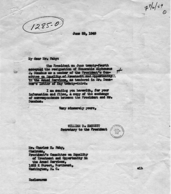 A.J. Donahue to Harry S. Truman, with attached memos