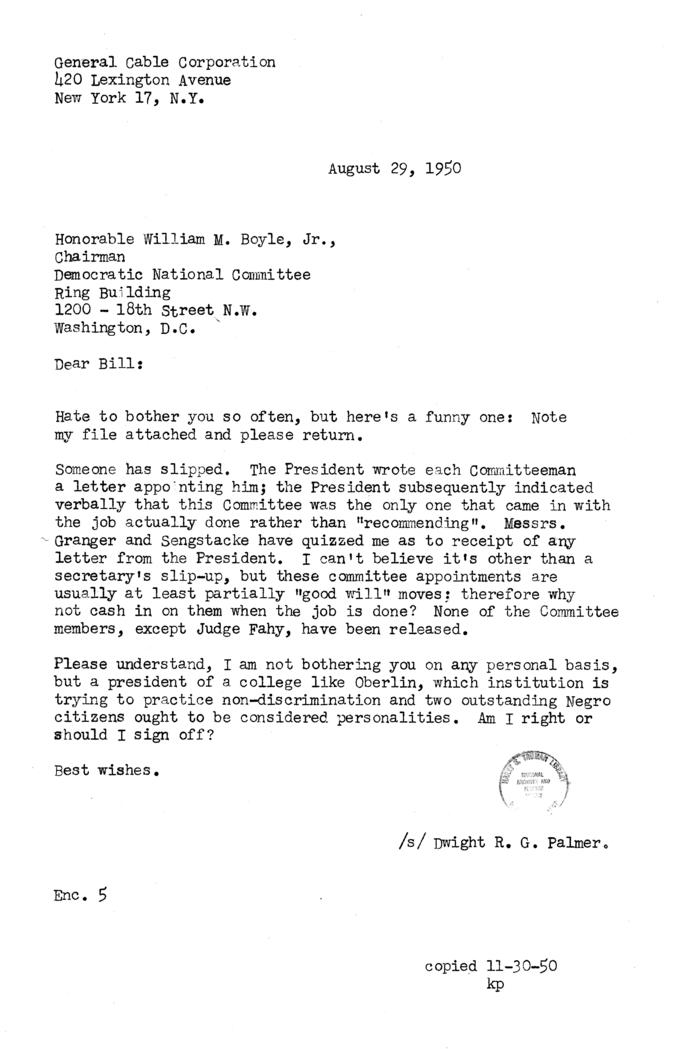 David Niles to William Boyle, Jr., with related attachments