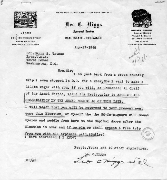Leo Higgs to Harry S. Truman, with reply by Matthew Connelly