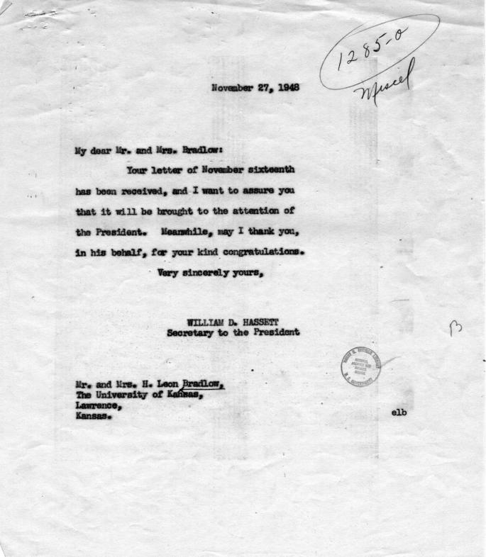 Mr. and Mrs. H. Leon Bradlow to Harry S. Truman, with reply by William Hassett