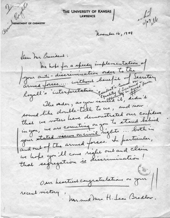 Mr. and Mrs. H. Leon Bradlow to Harry S. Truman, with reply by William Hassett