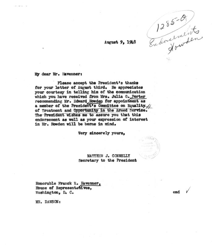 Franck Havenner to Harry S. Truman, with reply by Matthew Connelly