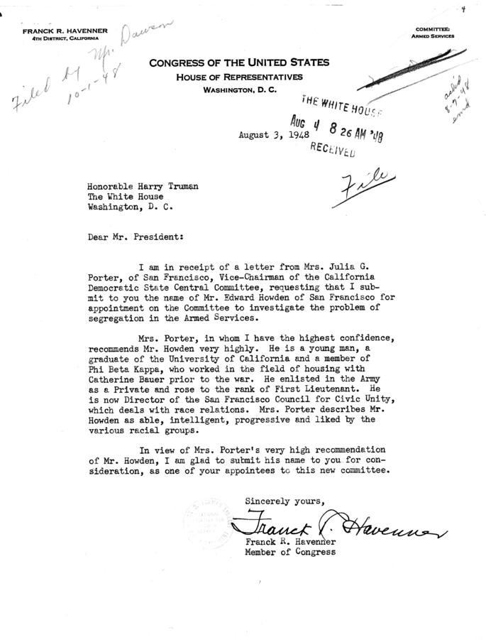 Franck Havenner to Harry S. Truman, with reply by Matthew Connelly