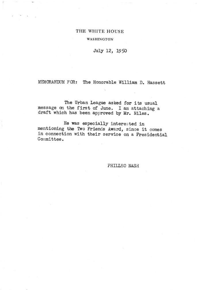 Correspondence between Lester Granger and Harry S. Truman, with attached memos