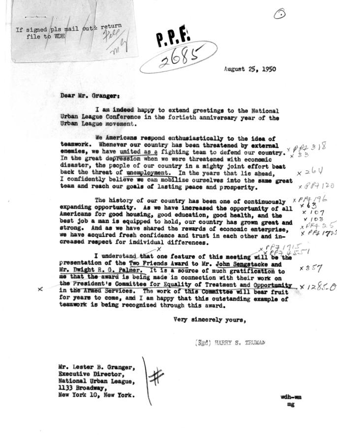 Correspondence between Lester Granger and Harry S. Truman, with attached memos