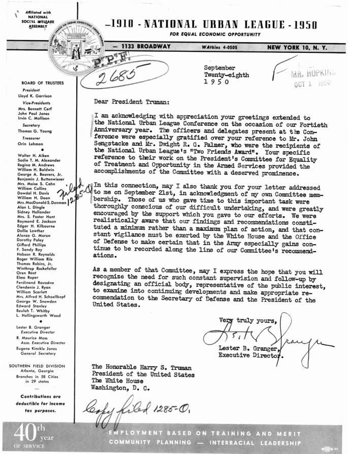 Correspondence between Lester Granger and Harry S. Truman, with attached memos