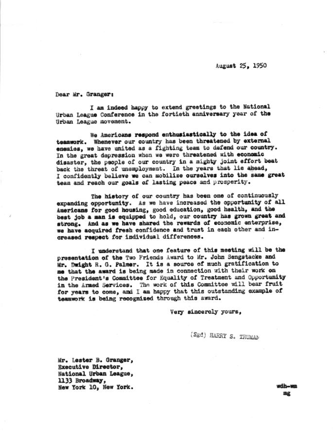 Correspondence between Lester Granger and Harry S. Truman, with attached memos