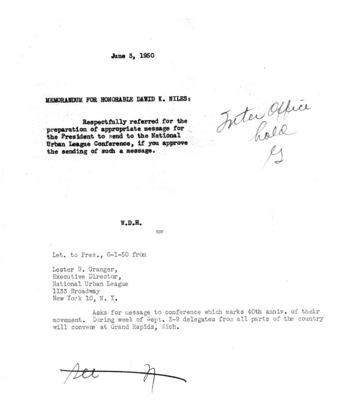 Correspondence between Lester Granger and Harry S. Truman, with attached memos