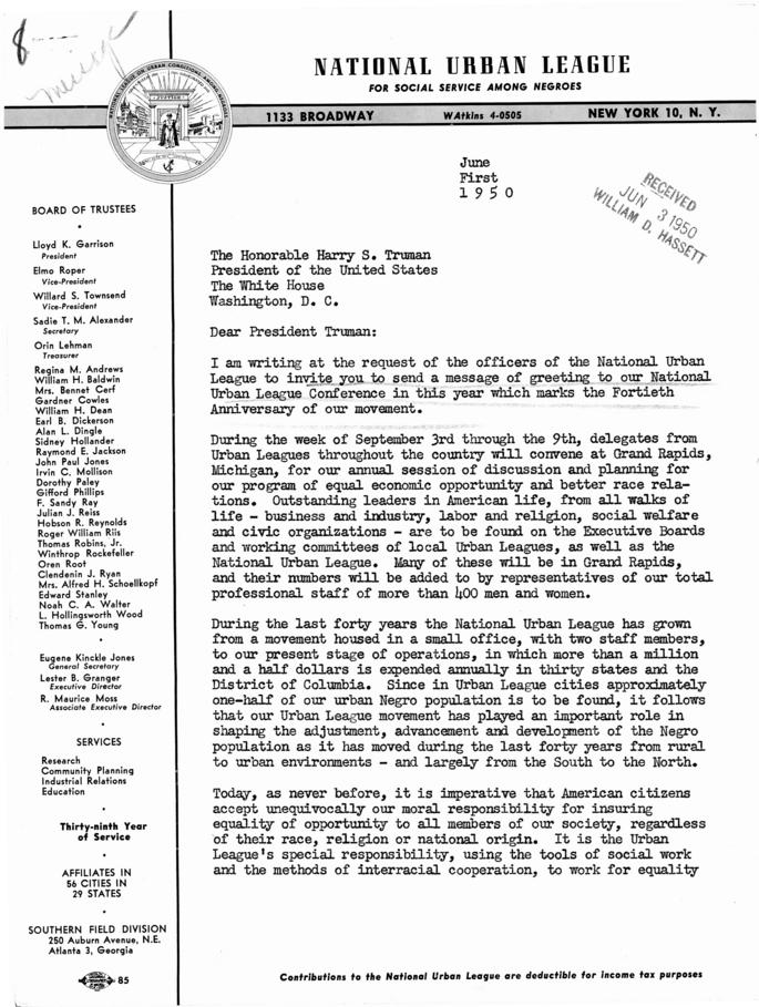 Correspondence between Lester Granger and Harry S. Truman, with attached memos