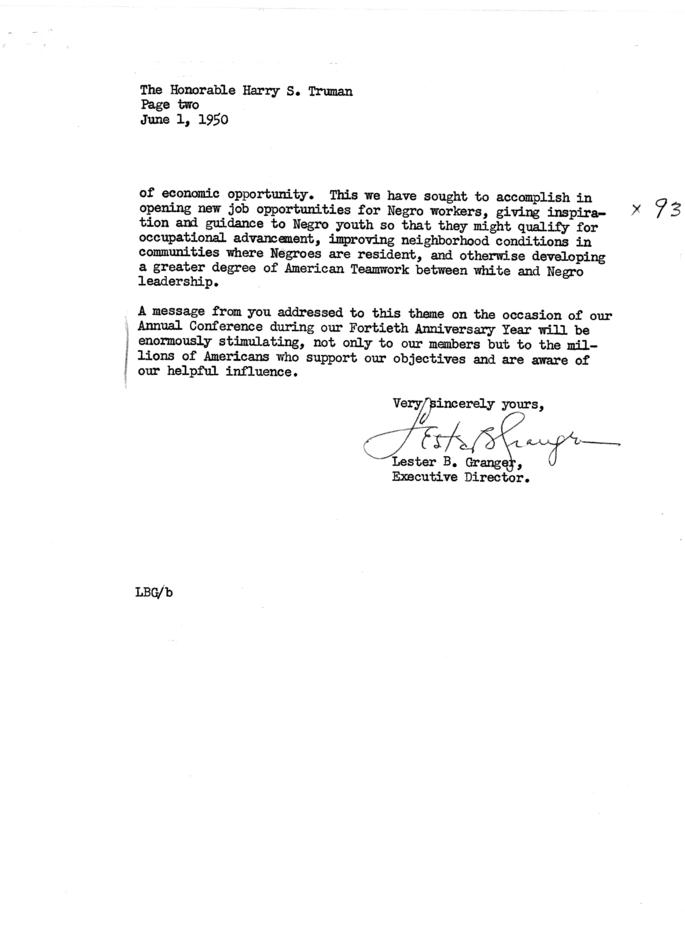 Correspondence between Lester Granger and Harry S. Truman, with attached memos