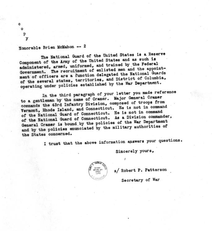 Correspondence between Brien McMahon and Robert Patterson