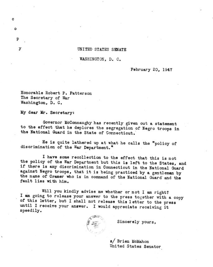 Correspondence between Brien McMahon and Robert Patterson