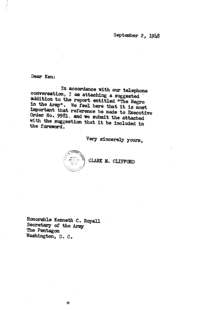 Clark Clifford to Kenneth Royall, with attachment