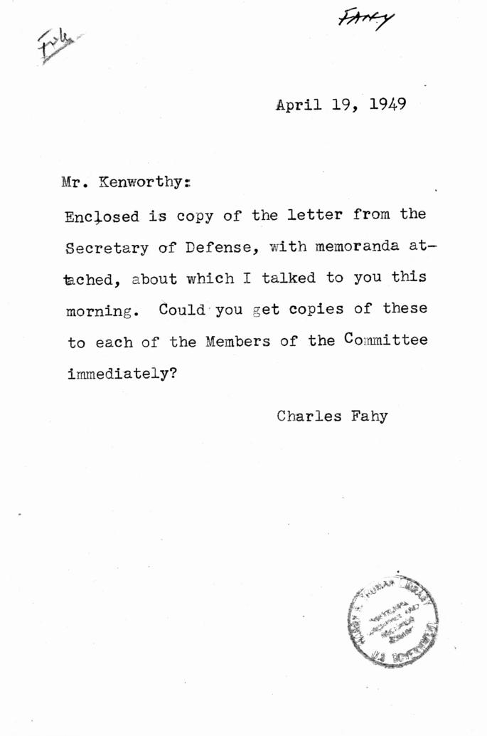 Louis Johnson to Charles Fahy, with attachments