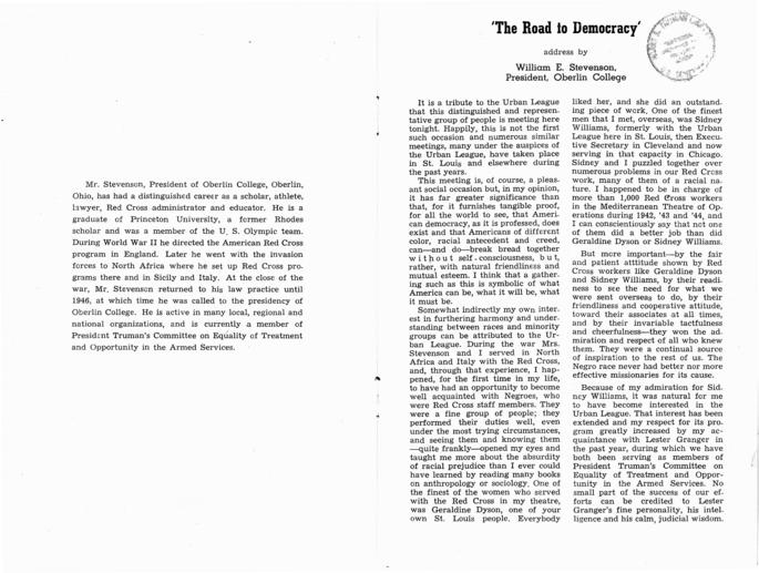 \"The Road to Democracy,\" copy of address by William E. Stevenson