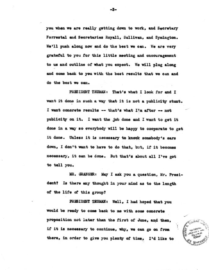 Transcript of meeting of Fahy Committee with President Truman