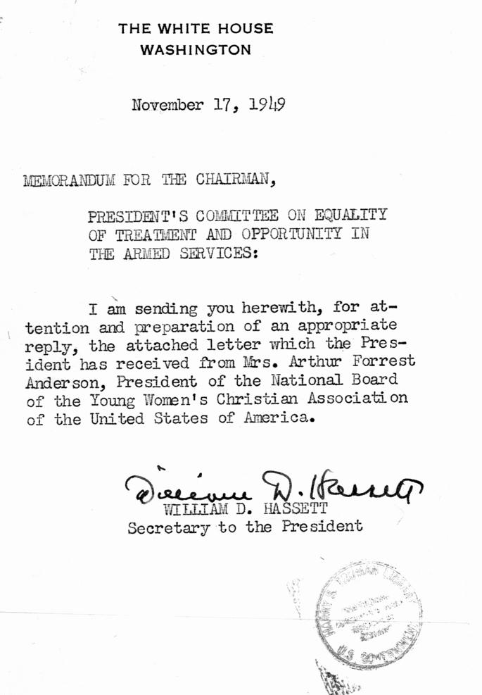 Constance Anderson to Harry S. Truman, with attached memo from William Hassett to Charles Fahy